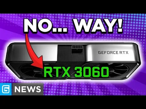 progressive Robot graphic showing an RTX 3060 GeForce RTX card with “NO... WAY!” headline, red arrow, and “G NEWS” badge