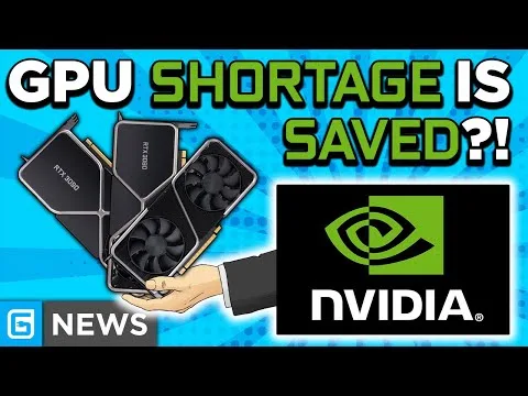 progressive Robot holding three graphics cards beside NVIDIA logo and headline “GPU SHORTAGE IS SAVED?!”
