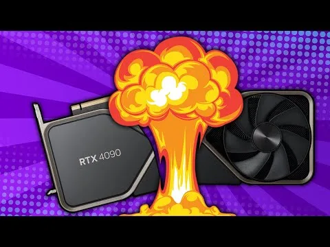 progressive Robot cartoon explosion over an RTX 4090 graphics card on a purple halftone background