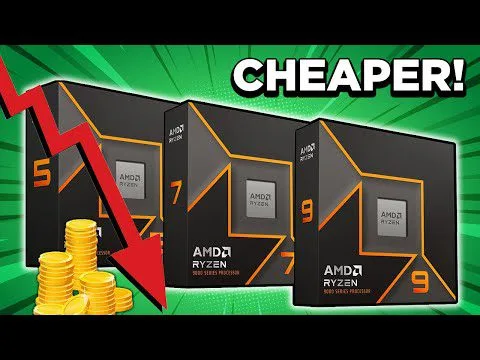 progressive Robot AMD Ryzen 5, 7, and 9 CPU boxes with “CHEAPER!” text, coins, and a red downward arrow graph.