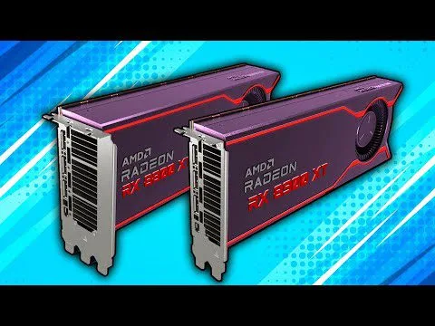 progressive Robot two AMD Radeon RX 5800 XT graphics cards on a blue patterned background