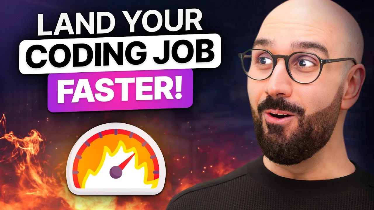 progressive Robot YouTube thumbnail reading “LAND YOUR CODING JOB FASTER!” with a surprised man and a speedometer over flames