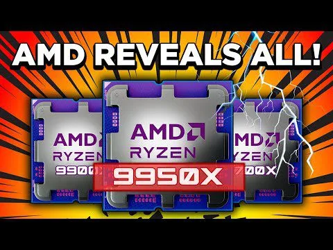 progressive Robot AMD Reveals All! graphic with three Ryzen CPU chips, central 9950X highlighted with lightning effects