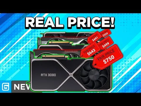 Progressive Robot graphic of stacked RTX 3090 GPUs with red price tags and the headline REAL PRICE!