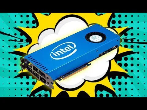 progressive Robot Intel graphics card on a comic-style pop-art background with a white burst and teal dots