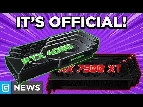 Progressive Robot graphic showing RTX 4090 and RX 7900 XT cards under the headline “IT’S OFFICIAL!” with “G NEWS” logo.
