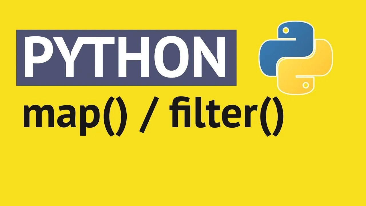 progressive Robot graphic with Python logo and the text PYTHON and map() / filter() on a yellow background