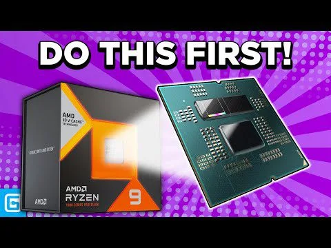 progressive Robot thumbnail with AMD Ryzen 9 box and a CPU chip on a purple burst background, text reads DO THIS FIRST!