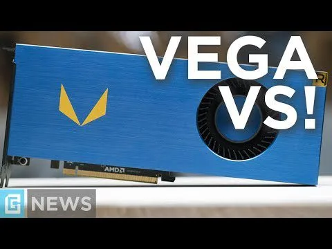 progressive Robot, blue AMD graphics card with large fan and “VEGA VS!” text overlay and G News logo