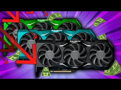 Progressive Robot, three AMD Radeon graphics cards with red downward arrows and floating dollar bills on a purple background