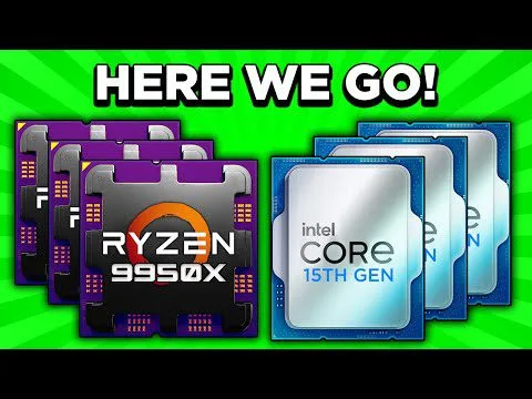 progressive Robot graphic showing AMD Ryzen 9950X and Intel Core 15th Gen CPU chips with text “HERE WE GO!”