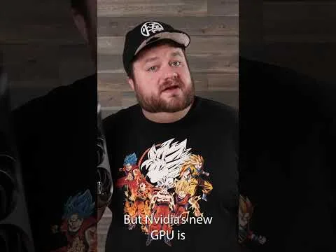 progressive Robot, bearded man in a cap and graphic T-shirt speaking on camera with caption "But Nvidia's new GPU is"