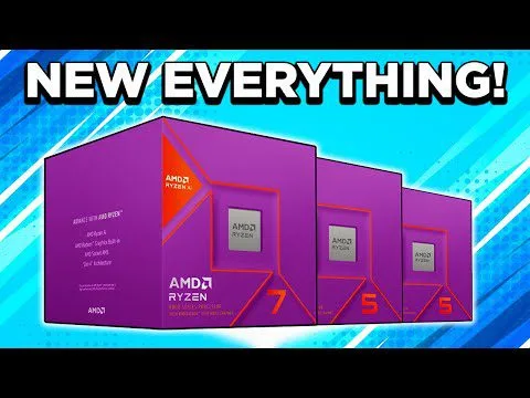 progressive Robot graphic with text NEW EVERYTHING! above purple AMD Ryzen 7 and Ryzen 5 processor boxes on a blue background