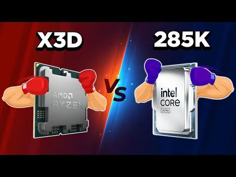 progressive Robot graphic of AMD Ryzen X3D vs Intel Core 285K CPUs with boxing gloves facing off