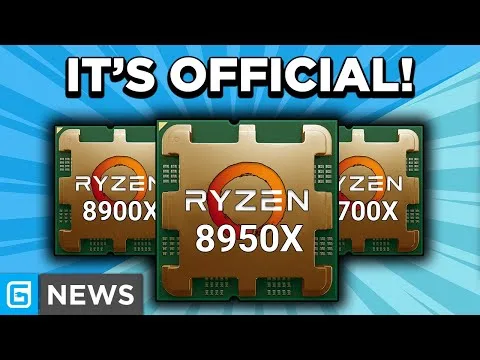 Progressive Robot thumbnail saying IT'S OFFICIAL! with three Ryzen CPU chips labeled 8900X, 8950X, and 700X, and a G NEWS logo.