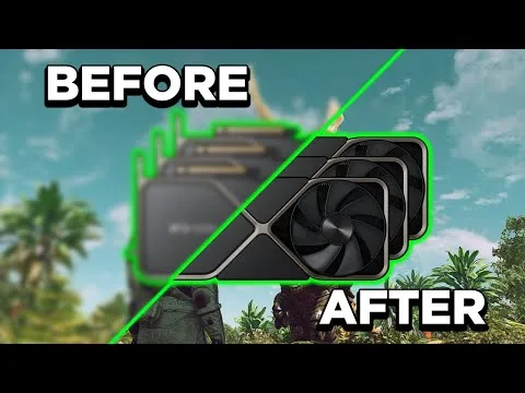 progressive Robot, split-screen “BEFORE” and “AFTER” showing blurry and sharp graphics cards over a jungle game background