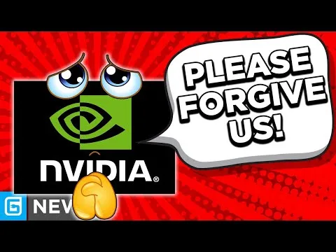 Progressive Robot, NVIDIA logo with teary eyes and a speech bubble saying Please forgive us!