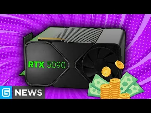 Progressive Robot, RTX 5090 graphics card with money and coin icons on a purple background and NEWS label