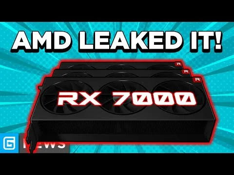 progressive Robot, graphic of a GPU labeled RX 7000 with the headline AMD LEAKED IT! on a blue burst background
