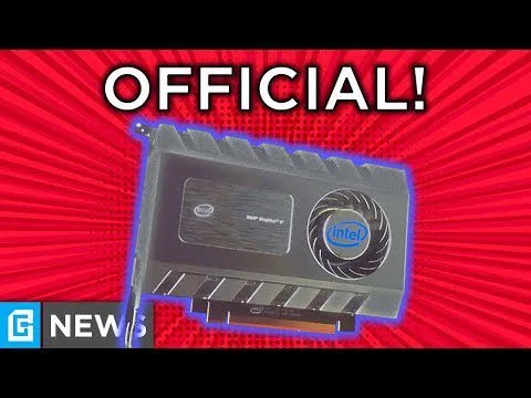 Progressive Robot graphic showing an Intel discrete GPU on a red background with the word OFFICIAL! at the top and G NEWS at bottom left