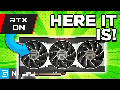 progressive Robot thumbnail with Radeon triple-fan GPU, “RTX ON” label, and large text “HERE IT IS!”