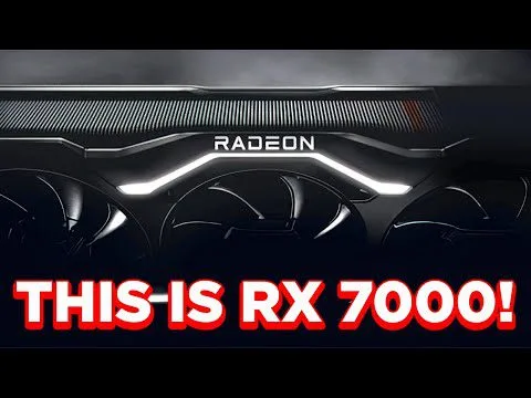 progressive Robot close-up of a Radeon graphics card with bold text saying THIS IS RX 7000!