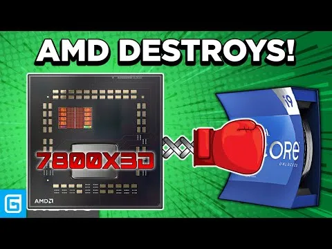 progressive Robot AMD DESTROYS! graphic showing Ryzen 7000X3D chip versus Intel Core i9 with boxing glove punch icon