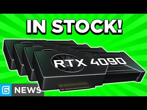 progressive Robot graphic showing RTX 4090 card with text “IN STOCK!” and a “G NEWS” logo on green burst background