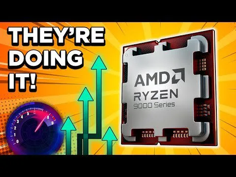 Progressive Robot, AMD Ryzen 9000 Series chip with “THEY’RE DOING IT!” text, upward arrows, and a speedometer graphic