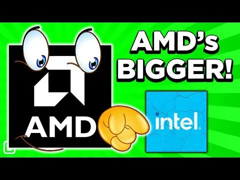 Progressive Robot cartoon AMD logo with eyes and fist pointing at cracked Intel logo, with text “AMD’s BIGGER!”