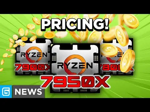 Progressive Robot graphic with Ryzen CPUs, gold coins, and bold text: PRICING! Ryzen 7950X and 7900X, NEWS badge