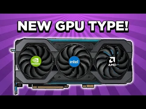 progressive Robot graphic card with three fans showing NVIDIA, Intel, and AMD logos under the text New GPU Type!