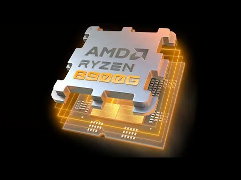 progressive Robot AMD Ryzen 5900G processor chip on a glowing circuit board against a black background