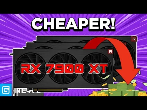 progressive Robot thumbnail with RX 7900 XT graphics card, “CHEAPER!” text, and red arrow pointing to stacks of money and coins