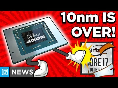 Progressive Robot cartoon CPU chip with legs kicking an Intel Core i7 box, with text “10nm IS OVER!” and “NEWS” icon.