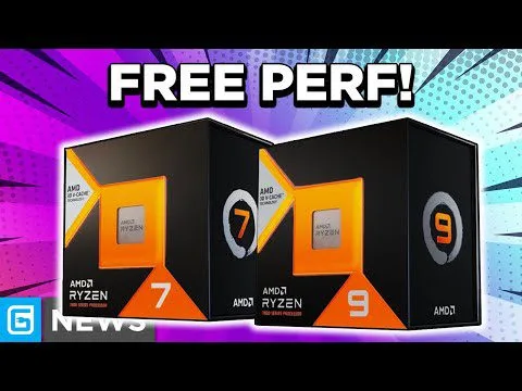 progressive Robot banner reading Free Perf! above AMD Ryzen 7 and Ryzen 9 processor boxes on a colorful background with G News logo