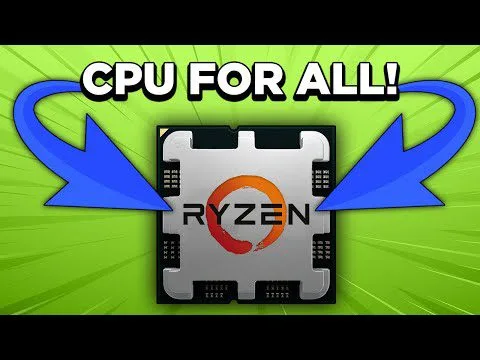 Progressive Robot CPU for all! Graphic with two blue arrows pointing to an AMD Ryzen processor on a green background.