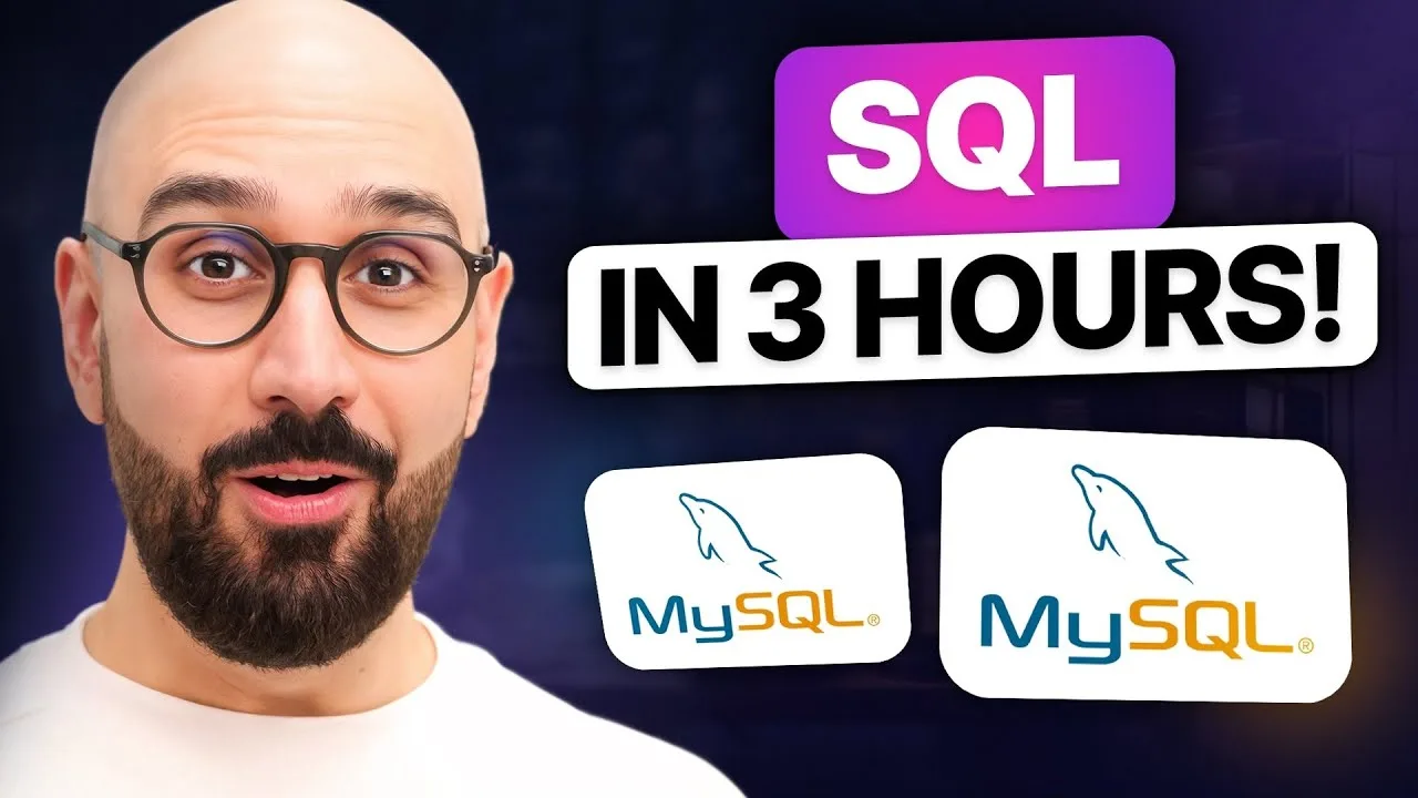 progressive Robot thumbnail with a man in glasses and text “SQL IN 3 HOURS!” plus two MySQL logos on a dark background