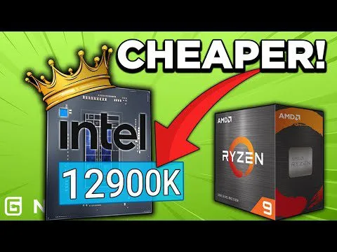 progressive Robot graphic showing Intel i9-12900K with crown and arrow pointing to AMD Ryzen, with text CHEAPER!