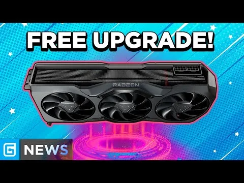 progressive Robot graphics card with three fans under “FREE UPGRADE!” text on a blue background, with “G NEWS” logo