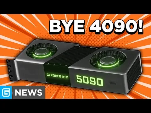 Progressive Robot graphic of an NVIDIA GeForce RTX 5090 with “BYE 4090!” headline and G NEWS logo on orange burst background