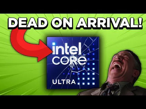 Progressive Robot: Dead on arrival headline with red arrow pointing to Intel Core Ultra logo beside laughing man on green background