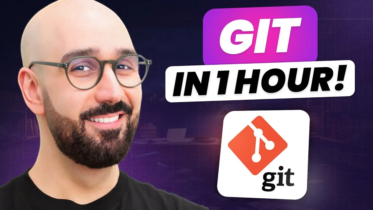 progressive Robot smiling man with glasses beside text “GIT IN 1 HOUR!” and the Git logo on a purple background