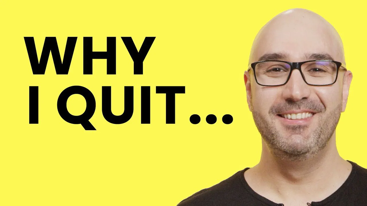 progressive Robot, yellow graphic with bold text “WHY I QUIT...” beside a smiling bald man wearing glasses