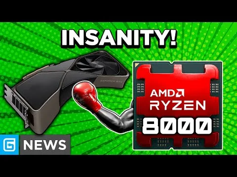 progressive Robot graphic showing a boxing glove punching an AMD Ryzen 8000 chip, with the headline INSANITY! and G NEWS logo