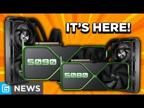 progressive Robot graphic cards labeled 5090 and 5080 with the headline “IT’S HERE!” and a “G NEWS” badge