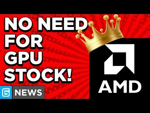 progressive Robot graphic saying NO NEED FOR GPU STOCK! with a crowned AMD logo and a G News badge on a red background