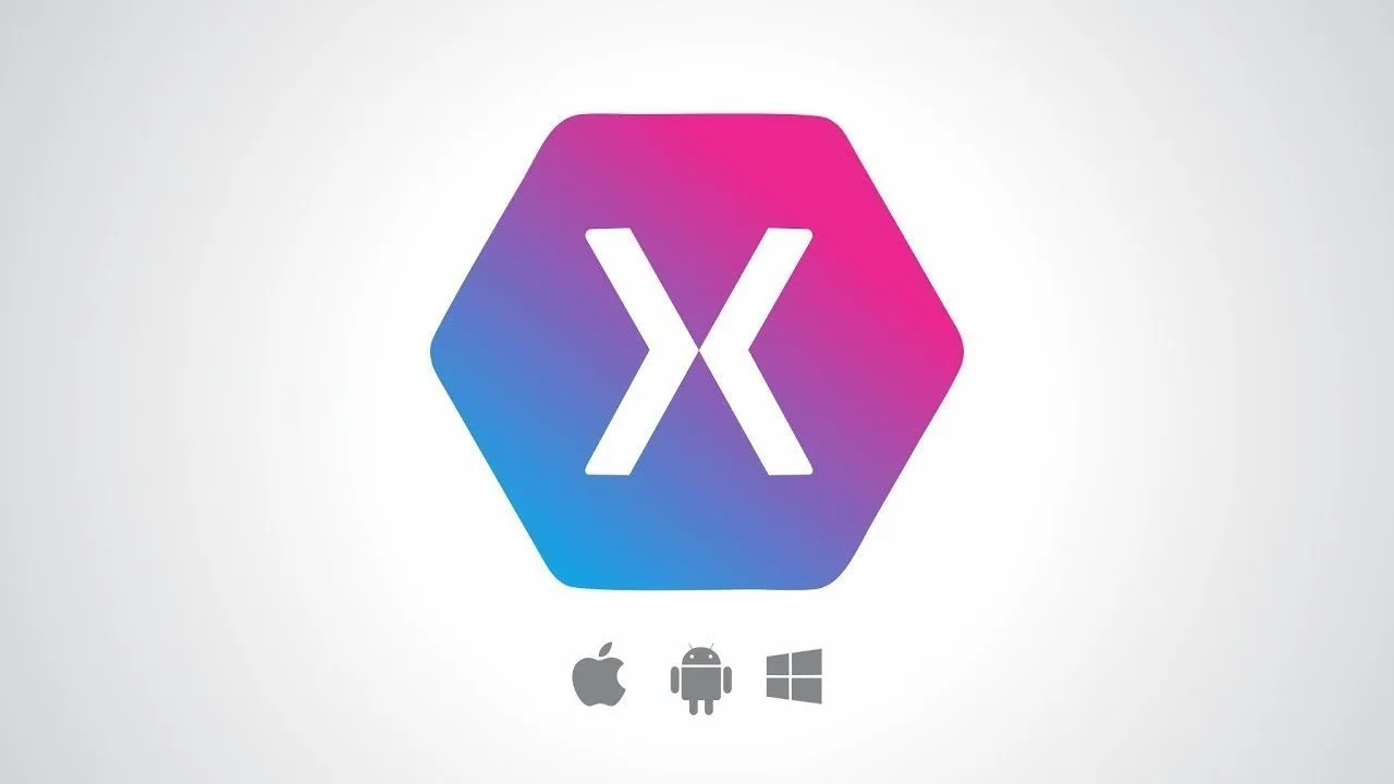 progressive Robot Xamarin logo with white X on a pink-to-blue hexagon, with Apple, Android, and Windows icons below