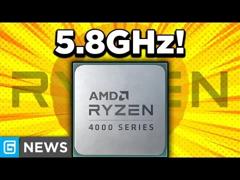 Progressive Robot graphic showing AMD Ryzen 4000 Series chip with bold text 5.8GHz! and G NEWS logo on yellow background