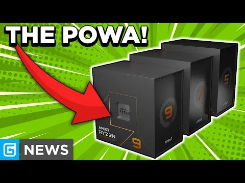 Progressive Robot graphic with “THE POWA!” text, red arrow, and stacked AMD Ryzen processor boxes on green background